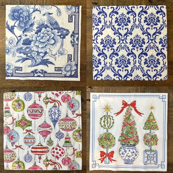Chinoiserie Blue and White and Christmas Holiday Napkins - Picture 1 of 5